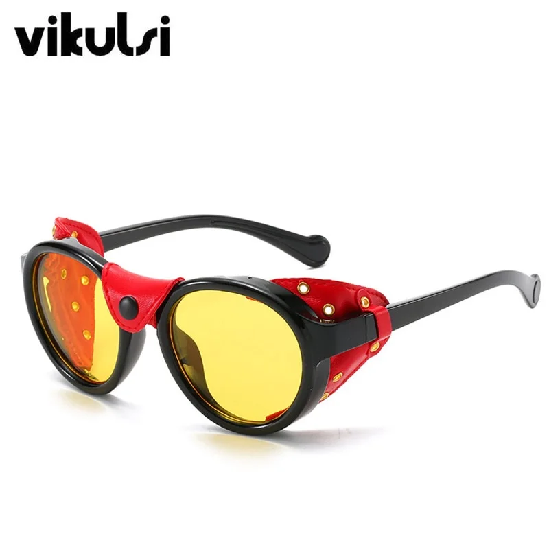 Мужские круглые солнцезащитные очки унисекс в стиле стимпанк, брендовые дизайнерские женские кожаные очки с заклепками, солнцезащитные очки для женщин и мужчин, крутые оттенки - Цвет линз: C4 black yellow