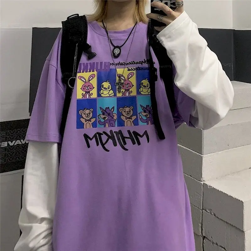 

ins fake two piece tshirt cartoon preppy long sleeve autumn women tops Korean style t-shirt punk tees 2020 new fashion t shrt