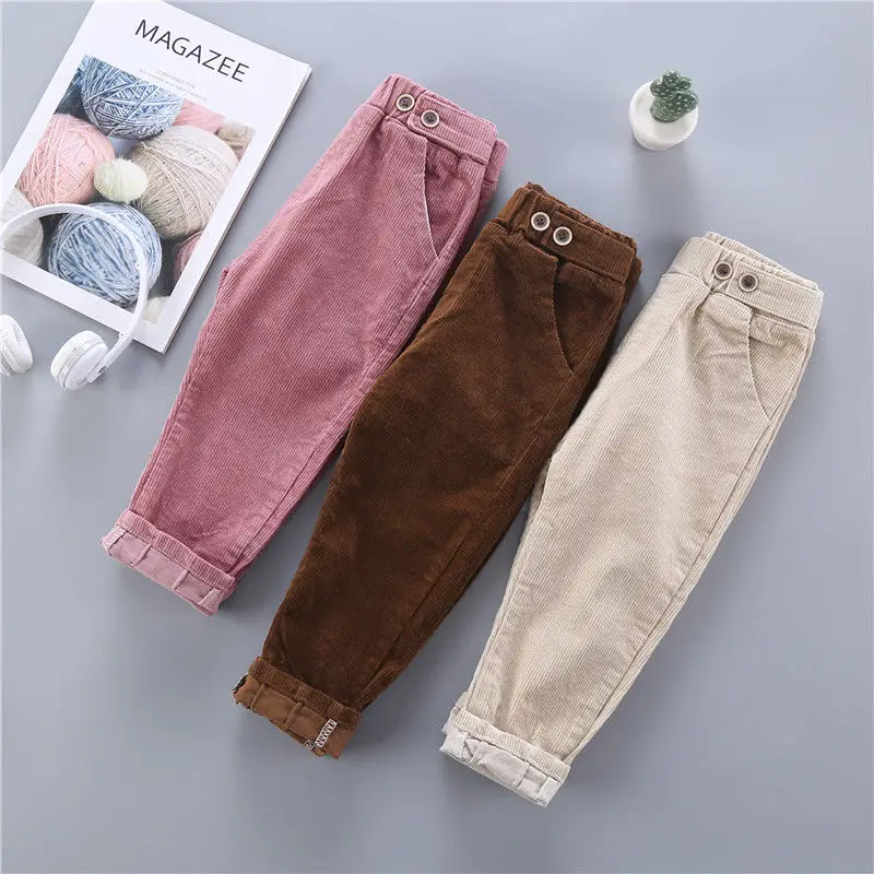 

2019 Girl Harem Pants Kids Autumn Spring Clothes solid children pants for baby Girls Trousers size80~130 toddlers biege corduroy