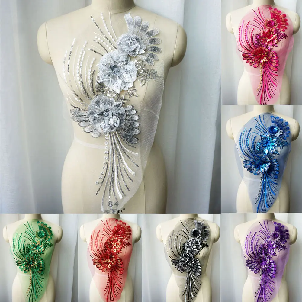 Белый черный 3D цветок кружевной ткани золотые блестки кисточкой вышитые платья