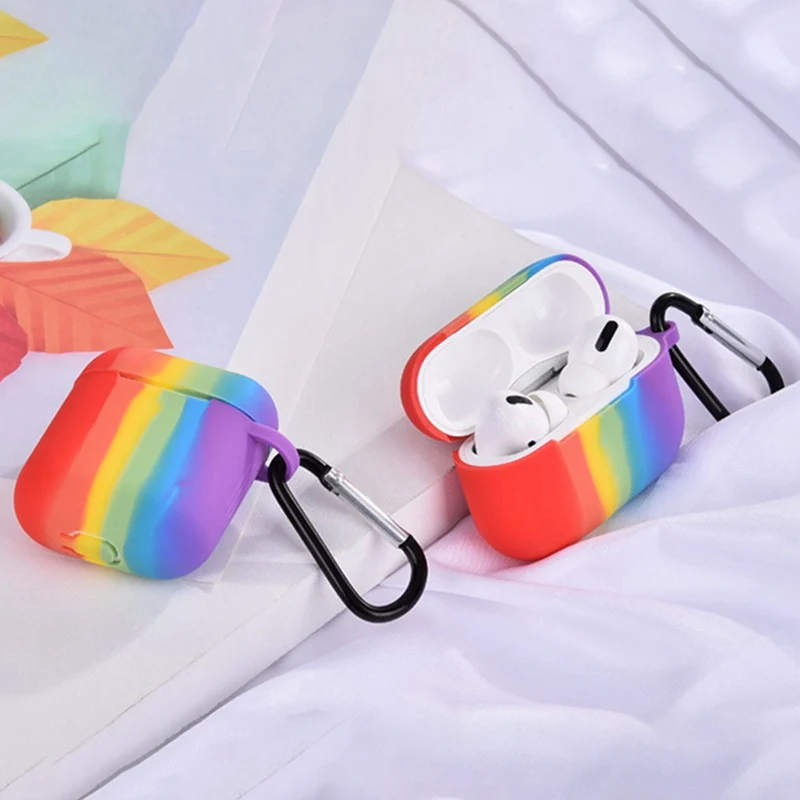 

Colorful Rainbow Bluetooth Earphone Protective Case Cover for Airpods 1 2 Pro Silicone Earphone Case Charging Box With Carabiner