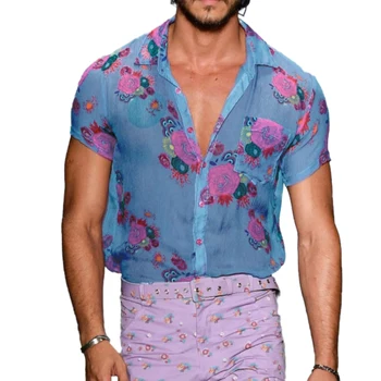 

2021 Men Summer Fashion Shirt See-Through Lapel Top Loose Flower Printed Short Sleeve Buttons Breathable Blouse Shirts Plus Size