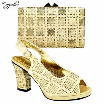 

Latest party set gold African high heel shoes with purse bag set nice matching for lady dress 528-3, heel height 10cm