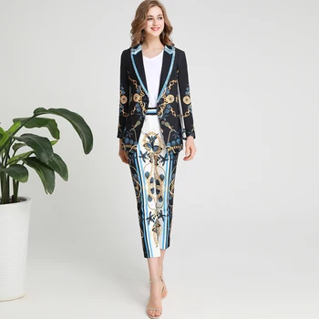 

Xiaomoli Autumn 2019 New Vintage printed commuter long-sleeved jacket with waist and nine-minute trousers