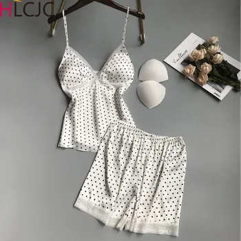 

Sexy Lace Women Pajamas with Chest Pad Silk Satin Dot Print Pijamas Female 2 Piece 2019 Summer Pajamas for Women Pyjama Sets