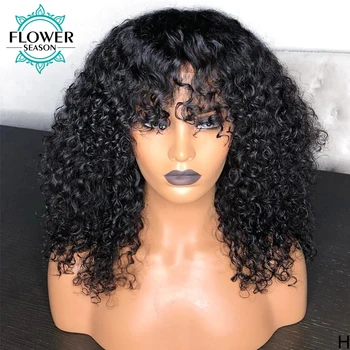 

Curly Wig With Bangs Glueless 13*6 Lace Front Human Hair Wigs Bleached Knots PrePlucked Remy Brazilian Hair 130% FLOWERSEASON