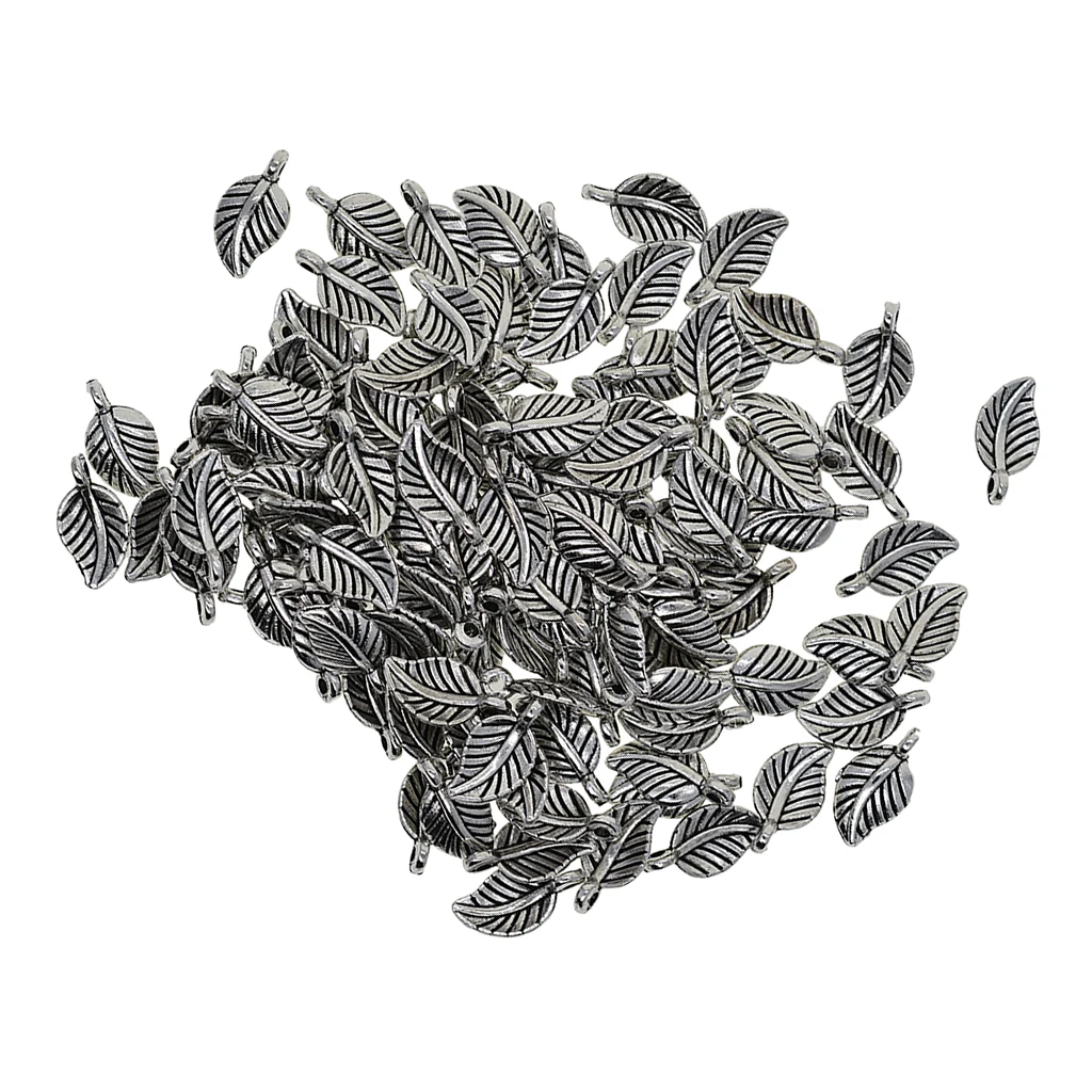 100x Retro Antique silver color Leaf Charms Dangle Beads DIY Pendant Jewelry Craft