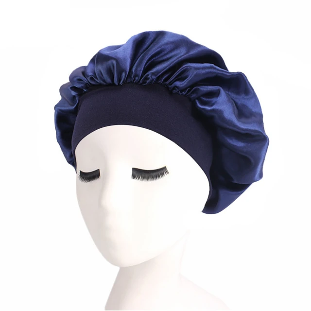 Newly Women's Satin Solid Sleeping Hat Night Sleep Cap Hair Care Bonnet Nightcap For Women Men Unisex Cap Bonnet De Nuit Navy