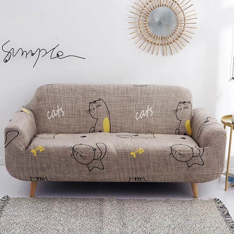 Couch Slipcover New Cartoon Dog Pattern Elastic Durable Polyester Sofa Cover for Single/Double/Three/Four Seat Sofa Home Decor - Цвет: Brown cat