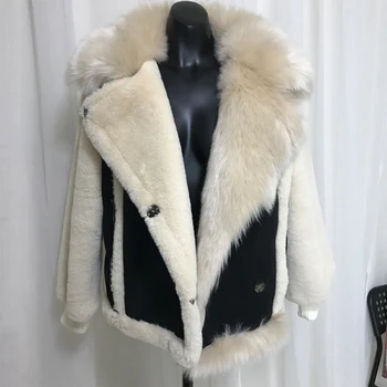 

sharezz 2020 winter real fur wool blends coat woman rabbit fur overcoats slearling lamb fur biker coat korean Women suede jacket