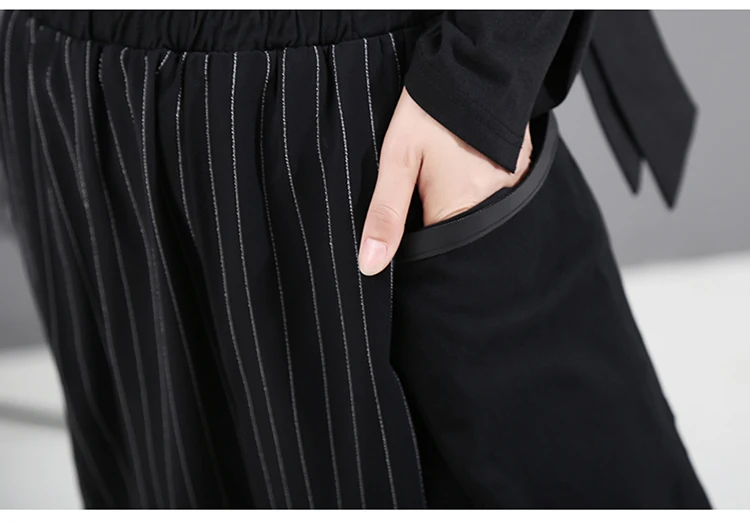 Корейский стиль женские черные широкие брюки с дополнительной полосатой частью эластичный пояс женские укороченные брюки свободные брюки 5449