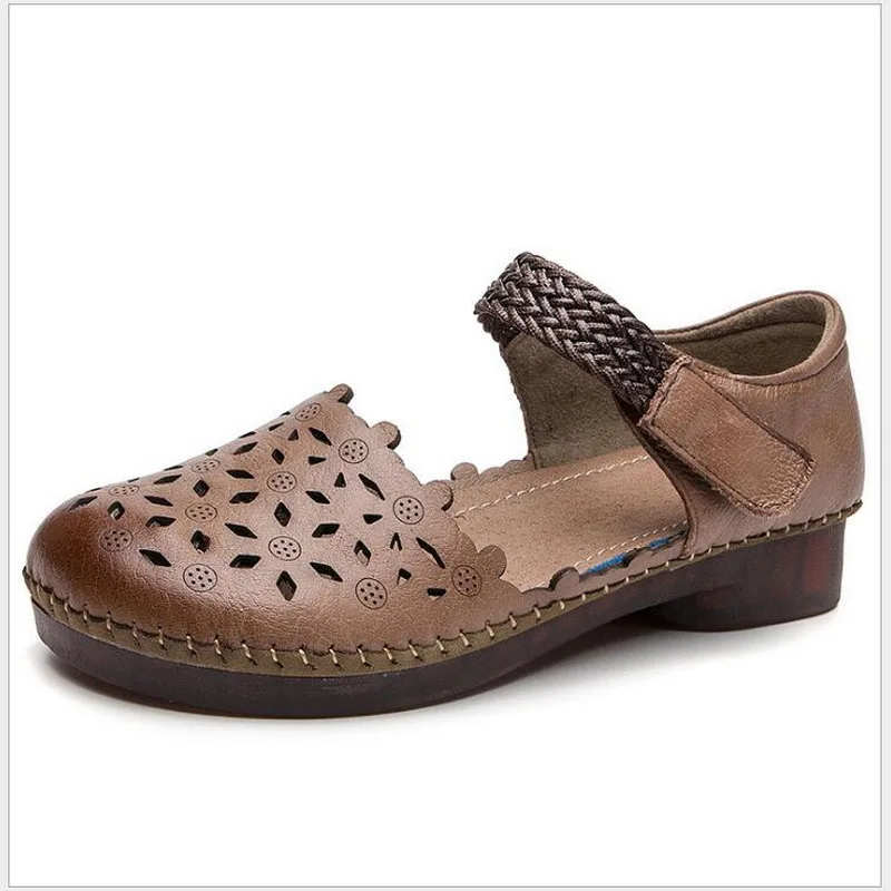 2020 New Womens Roman Hook&Loop Flat Sandals Closed Toe Summer Cowhide Gladiator Sandals Hollow Out Flats Female Shoes