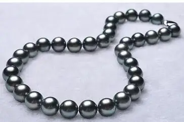 NECKLACE+18"11-12mm natural tahitian genuine black round pearl necklace good luster