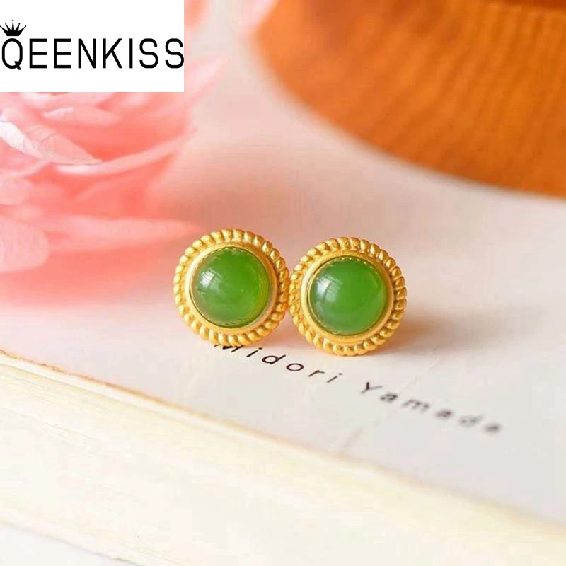 

QEENKISS 24KT Gold Vintage Round Stud Earrings For Women Fine Wholesale Jewelry Wedding Party Bride Ladies Mother Gift EG5124