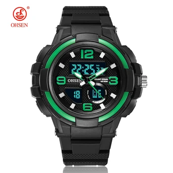 

OHSEN Brand digital quartz men wristwatch dual time fashion diver sport bracelet watch for men green military male hand clocks