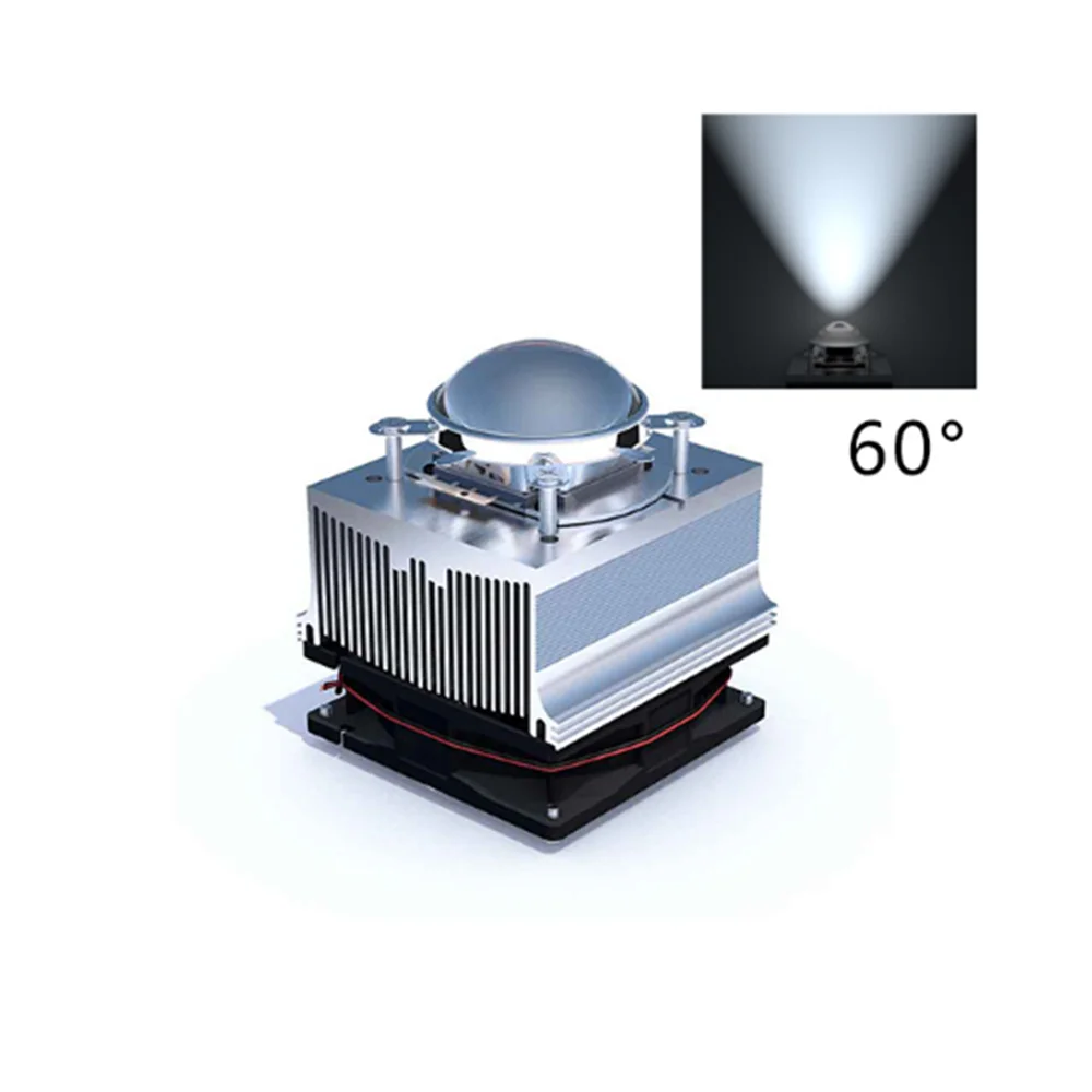Reflector Brack 100W LED Aluminium Heat Sink Cooling Fan+60° 90° 120°44mm Lens 