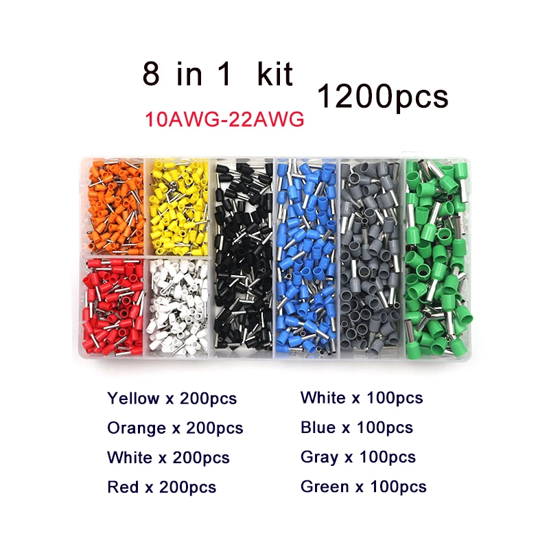 

1200Pcs Insulated Crimping Terminator Connector Kit Electric Wire Crimp Butt End Terminals Block Cable Ferrules 10AWG-22 AWG Set