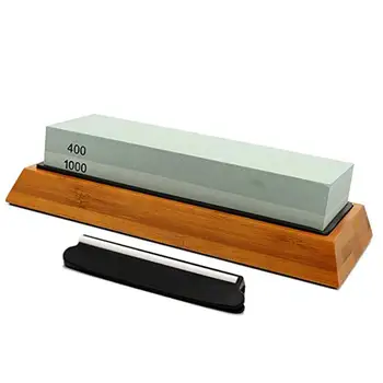

Dual Sided Whetstone 400-1000 Grit Set With Bamboo Base Precision Cutter Guide For Coarse Sharpening And Fine Polishing