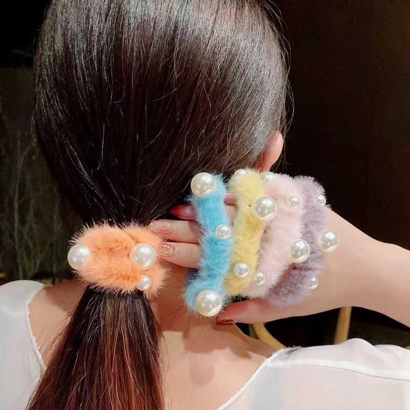 

Fashion Girls Pearl Hair Ring Colorful Plush Elastic HeadBands Ponytail Holder Sweet Hair Scrunchies Head bands Hair Accessories