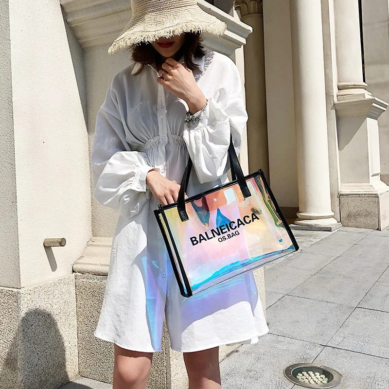 

2019 New Style Large-Volume PV Waterproof Jelly Transparent Shoulder Beach Bag Storage Lettered Shoulder Bag