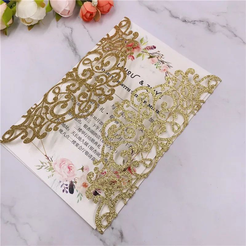 gold glitter 10 шт. розовое золото бордовый винтажные свадебные пригласительные открытки конверт с лазерной резкой Пригласительные открытки - Цвет: gold glitter