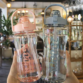 

Pure color large capacity portable sports cup with handle English printing simple plastic cup with scale for take-out fitness