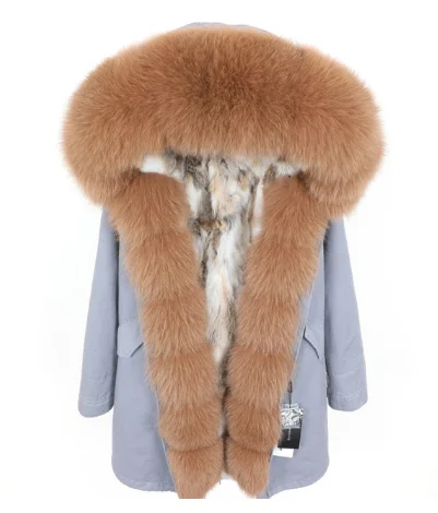 Зимняя женская длинная куртка с мехом лисы, большой меховой воротник, пальто из натурального меха, съемная подкладка из кроличьего меха, Модная парка, пальто большого размера - Цвет: 18