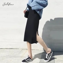 Весенние женские трикотажные прямые черные юбки миди с разрезом, сексуальные эластичные длинные юбки с высокой талией и пуговицами, повседневные новые женские юбки