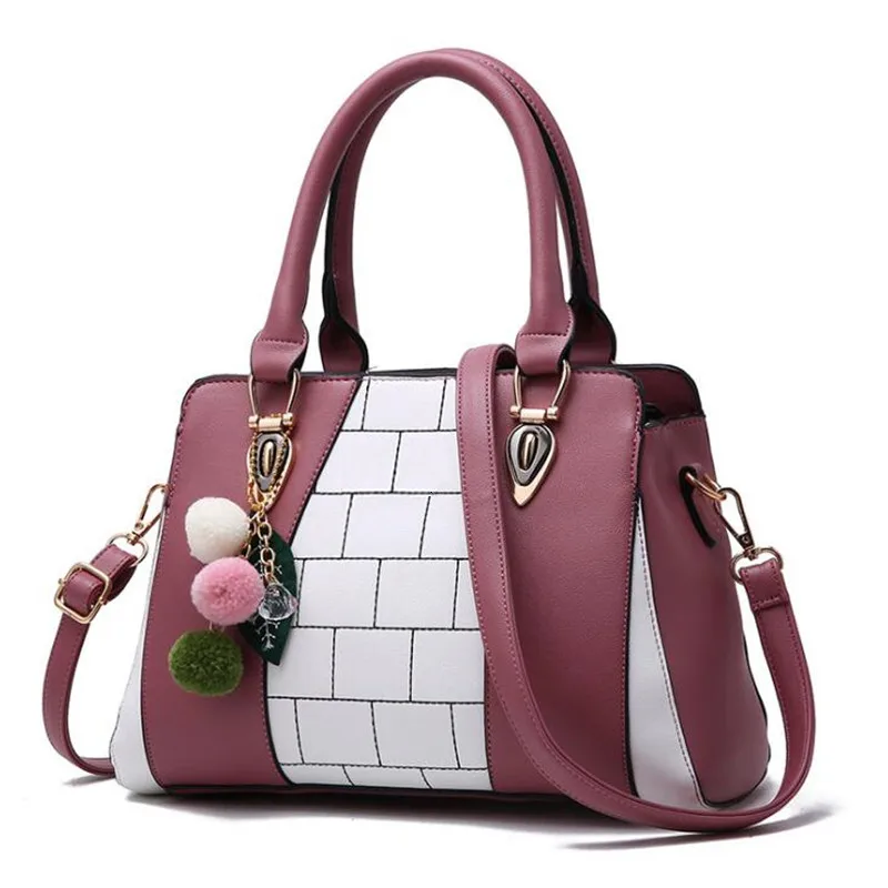 Gusure, модная женская сумка-мессенджер, высокое качество, из искусственной кожи, клетчатая сумка, женские сумки через плечо, модные сумки с меховым шаром, подвеска - Цвет: dark pink