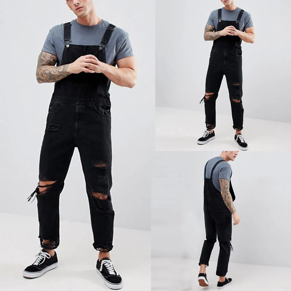 Feitong черные комбинезоны мужские дырки карман джинсы комбинезон уличная подтяжки длинные брюки Pantalones