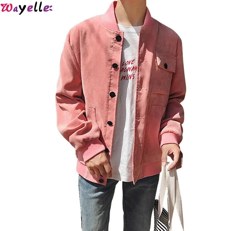 

Autumn New Casual Large Size Men's Jacket Solid Color Edging Outer Pockets Long-Sleeved Youth Popular Stand Collar Street Pink