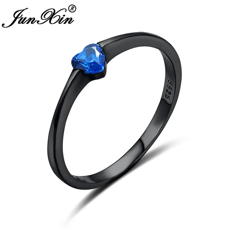Blue Ring Милое маленькое сердце любви кольцо минималистичный укладки зеленый фиолетовый синий камень свадебные тонкие кольца для женщин 925 Серебряное кольцо из черного золота - Цвет основного камня: Blue Ring