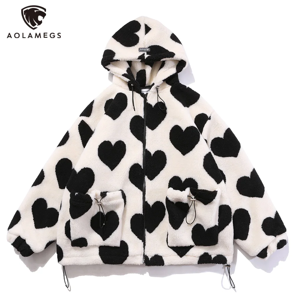 Aolamegs Cute Heart-shaped Print Lambswool Winter Jacket Men Drawstring Pockets Zipper Hooded High Street Warm Couple Streetwear