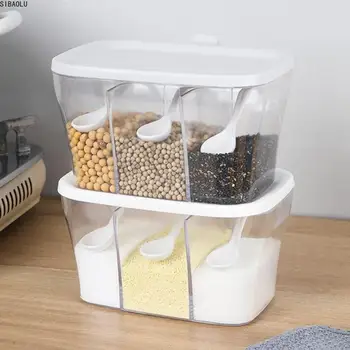 

Spice Seasoning Storage Box with Spoon 3-compartment Spice Box Storage Container Condiment Jars for Spice Sugar Salt