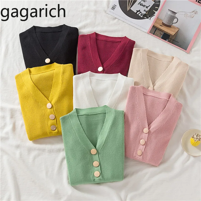 Gagarich Slim Sweater Autumn Winter 2020 New Korean Button V-neck Solid Knit Female Top Long Sleeve Versatile Pullover Bottoming | Женская