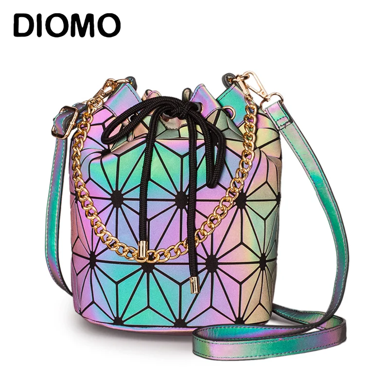 

DIOMO Geometric Reflective Luminous Bucket Bag Women Fashion Designer Handbags High Quality Crossbody Shoulder Bags for Girls