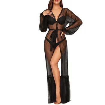 

Sexy Long Lace Dress Sheer Gown See Through Kimono Robe Ladies V Neck Sleepwear Lingerie For Women pijama mujer пижама #15