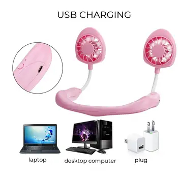

USB Rechargeable Portable Fans Hand Free Neckband Fans 1200mA Battery Operated Dual Wind Head 3 Speed Adjustable Fan