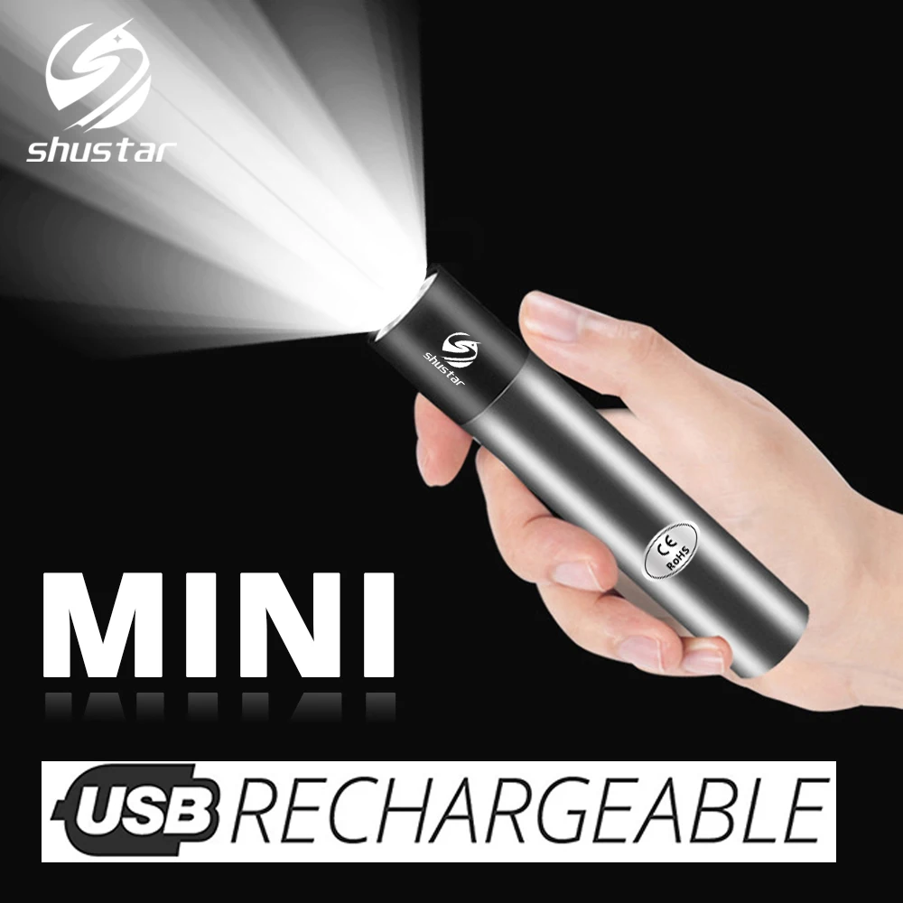  USB Rechargable Mini LED Flashlight 3 Lighting Mode Waterproof Torch  Telescopic Zoom Stylish Portable Suit for Night Lighting 