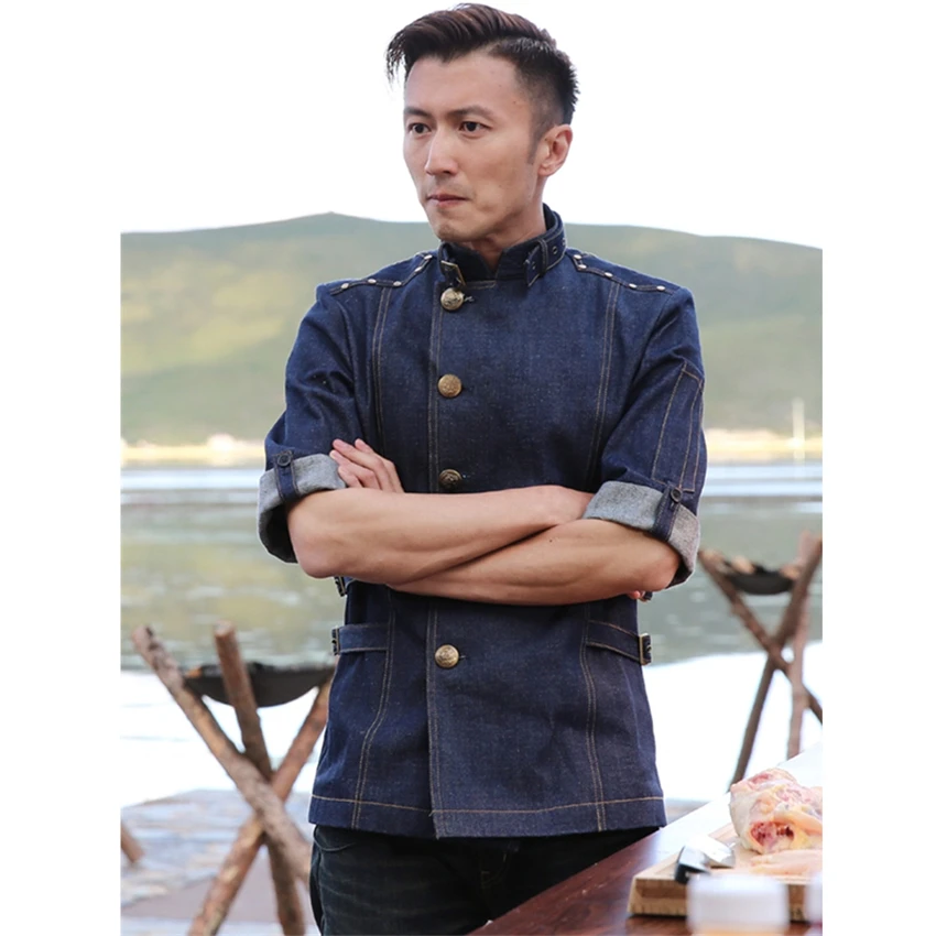 Hight Quality Man Denim Cotton Chef Uniform Kitchen Restaurant Bakery Work Clothes Jacket with Apron Food Service Cook Coat