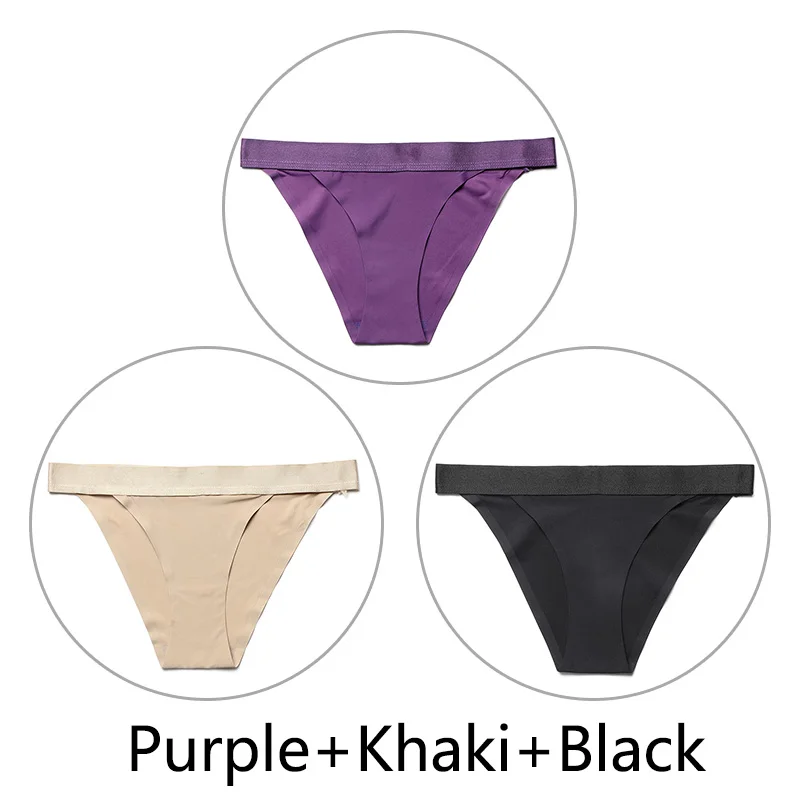3 шт./партия, однотонные сексуальные стринги бесшовные трусики с низкой посадкой, стринги с эластичным поясом, нижнее белье, женское белье, трусы, размер США, SX-L, большие размеры - Цвет: Purple-Khaki-Black