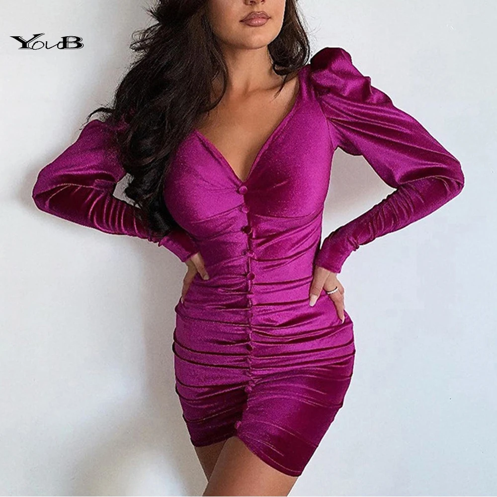 YOUB Velvet Mini Dress Button Pleated Sleeve V neck Skirt Gown Puff Women Knee Vintage dress Bodycon Party Robe Purple Dresses | Женская