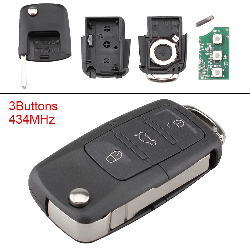 434MHz 3 Buttons Keyless Flip Remote Car Key Fob ID48 Chip 1K0959753G Fit for Caddy Sirocco Touran 2006-2011