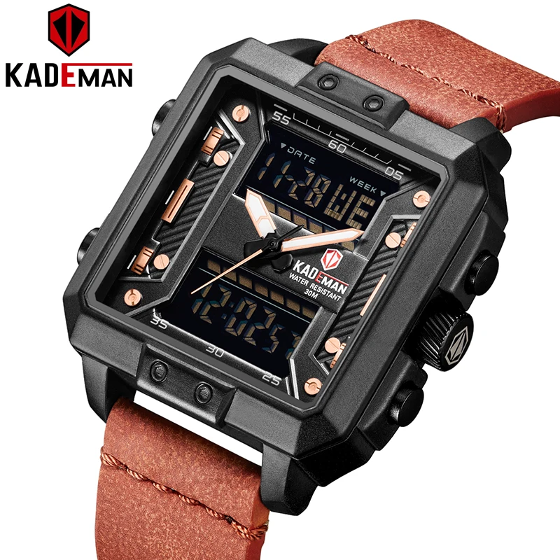 

Kademan Men Business Watch Luxury Brand Dual Display Leather Strap WristWatch Military Quartz Week Date Relogio Masculino k6153