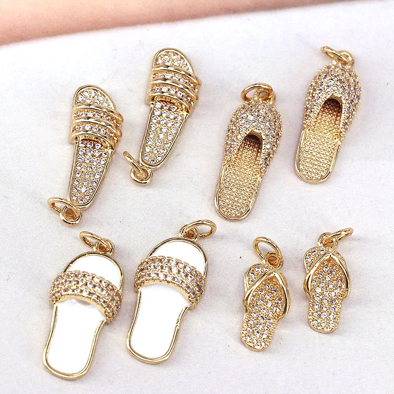 10Pcs Wholesale Slipper Hip Hop Pendant, Shiny Gold-color cz zircon Pendant, Enamel Slipper Charm Pendant DIY Jewelry Making