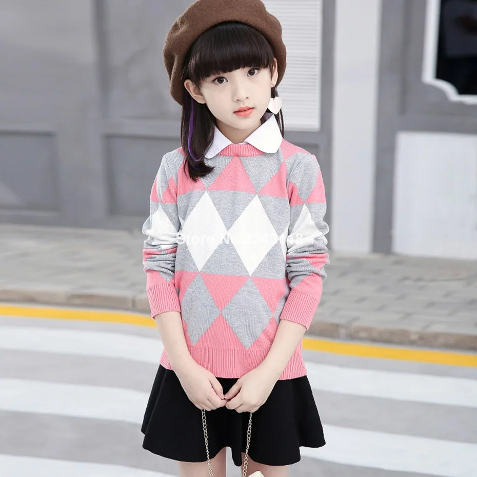 

Girls Sweaters Patchwork Kids Knitted Sweaters Warm Autumn Winter Girl Cardigan Kids Teenage Child's Clothing 6 8 10 12 14