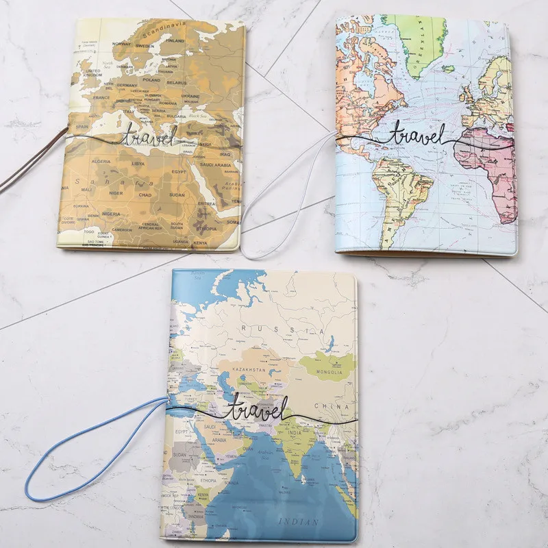 14*10cm New PU Leather 3D Design Travel Map Passport Holder with String