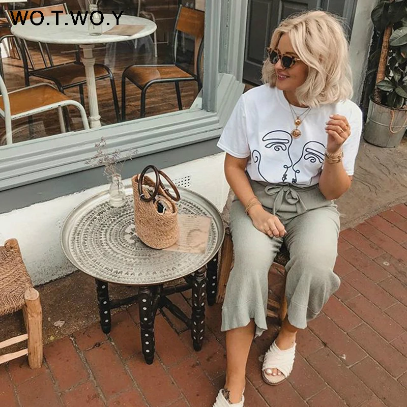 WOTWOY абстрактная летняя футболка для пары, женская футболка, повседневные топы с принтом, Женская свободная хлопковая футболка с коротким рукавом, Женская Harajuku белая