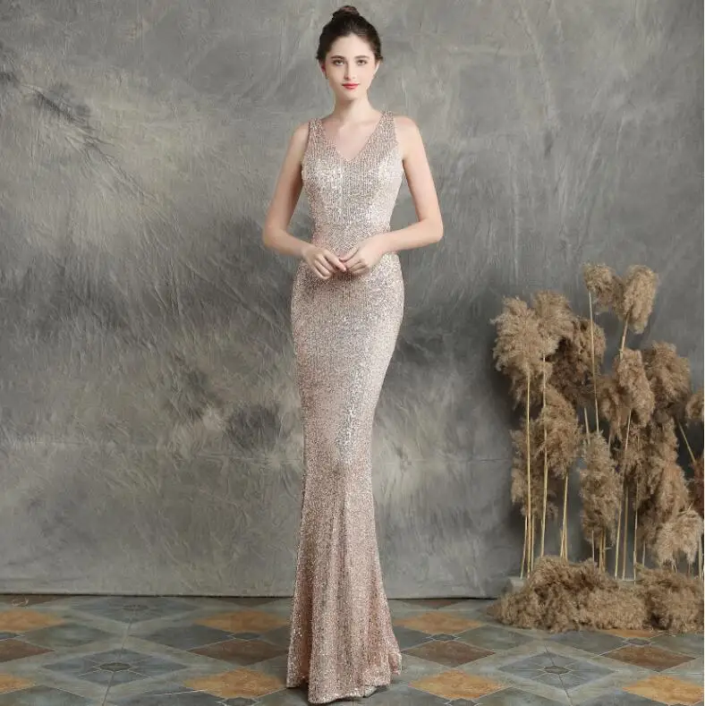 AE577 robe de soiree длинное вечернее платье с двойным v-образным вырезом, платье для выпускного вечера, вечернее платье, элегантное роскошное платье longue - Цвет: champagne gold