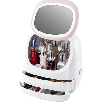 

Dustproof cosmetics storage box compartment lipstick powder storage box skin care products dressing table desktop LED with mirro